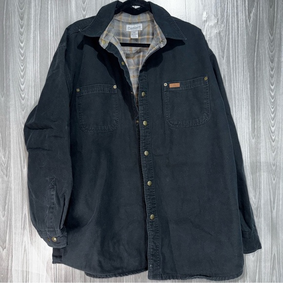 Vintage Carhartt Black Flannel Plaid Lined Canvas Chore Shirt Jacket Size XL Men - Picture 1 of 8